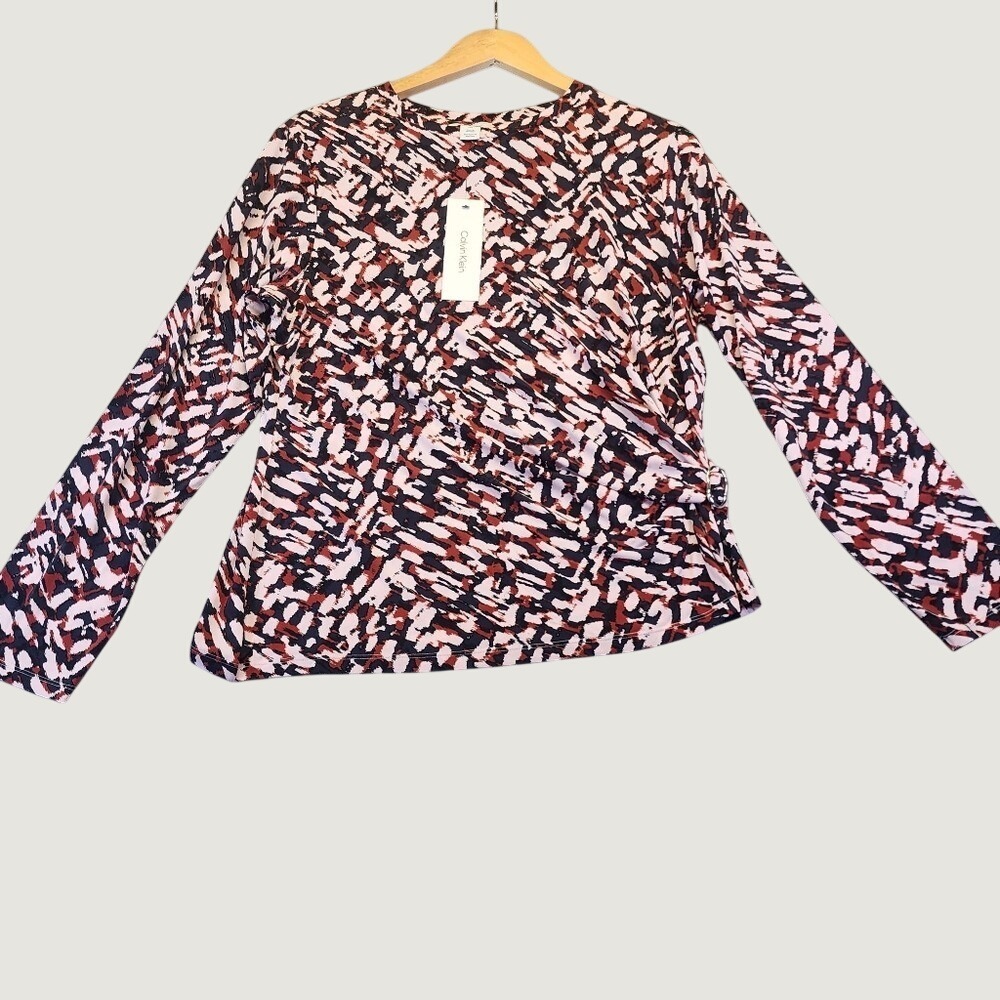 Calvin Klein Womens Large Abstract Print Faux Wrap Side Drape Long Sleeve Blouse